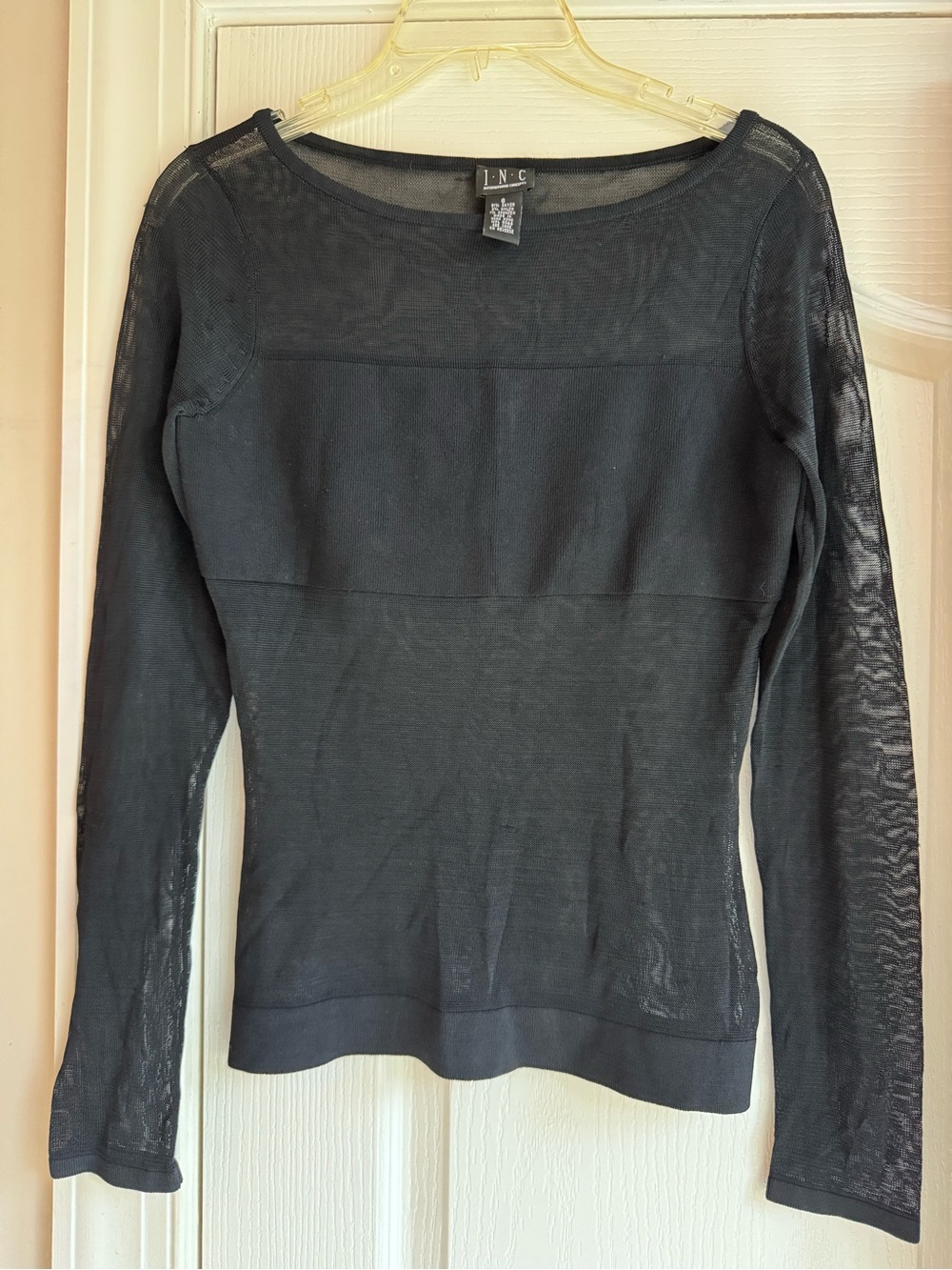 INC International Concepts Black Sheer-Panel Long Sleeve shirt